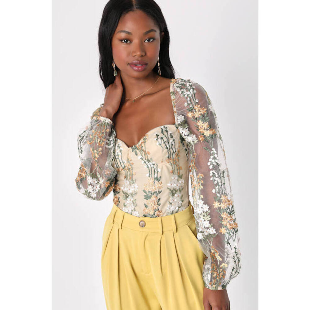 Lulus Essence Of Elegance Beige Embroidered Long Sleeve Bodysuit - Size XL